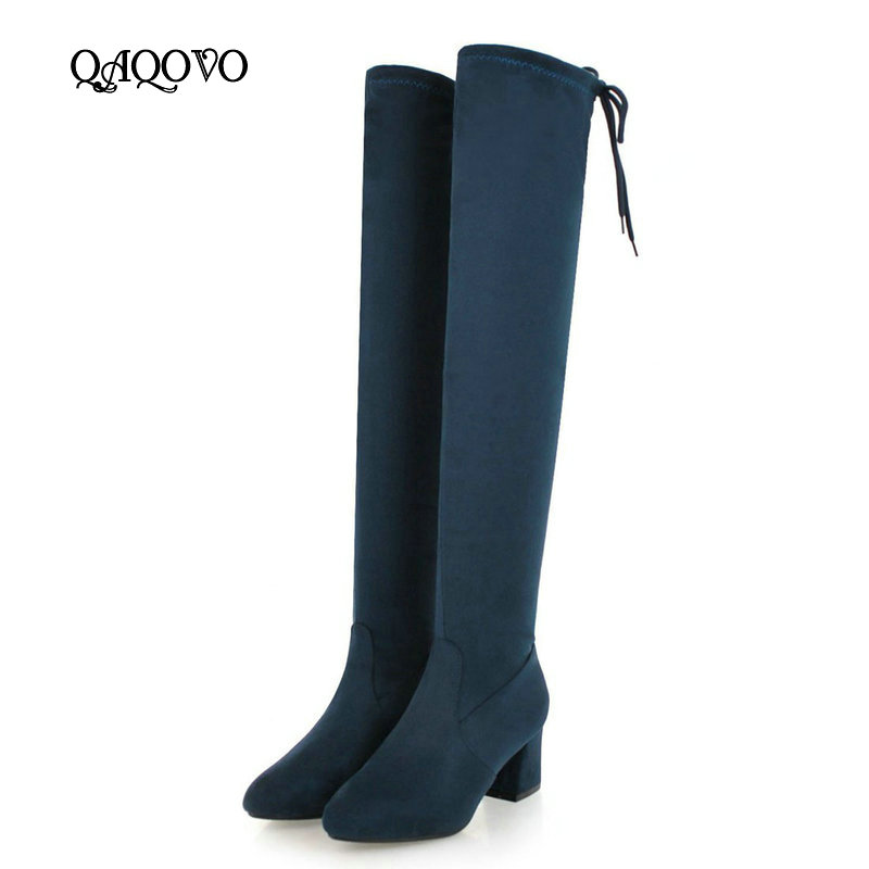 

2020 Winter Over the Knee Boots Women Shoes Comfortable Square Low Heels Thigh Boots Slip On Fashion Stretch Big Size 43, Black