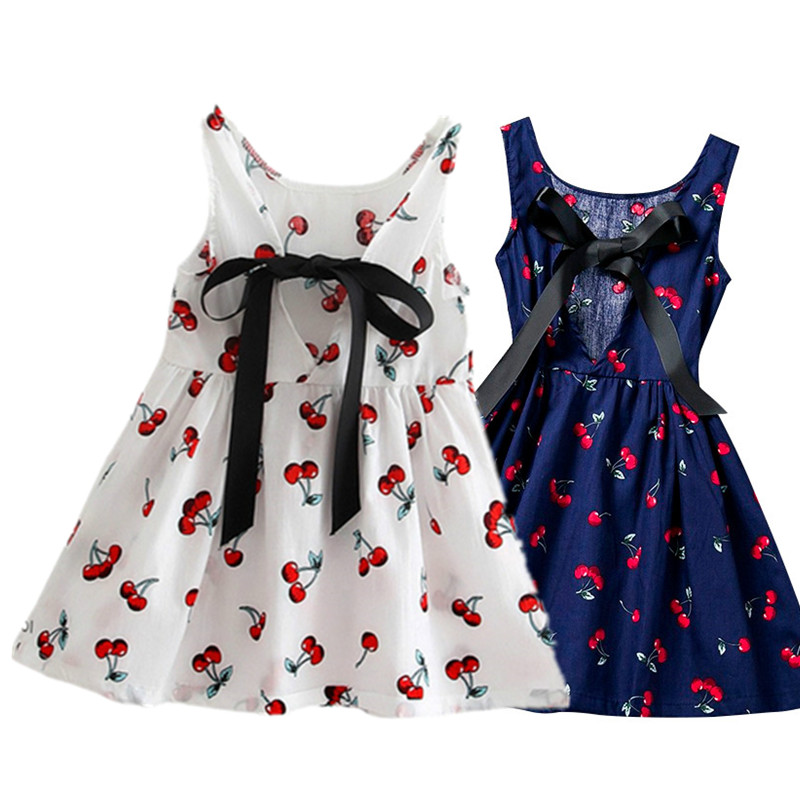 

Summer Baby Girls Dress 1 Year Birthday Party Cherry Print Infant Party Princess Baby Dress Vestidos Toddler Girl Casaul Clothes, Blue