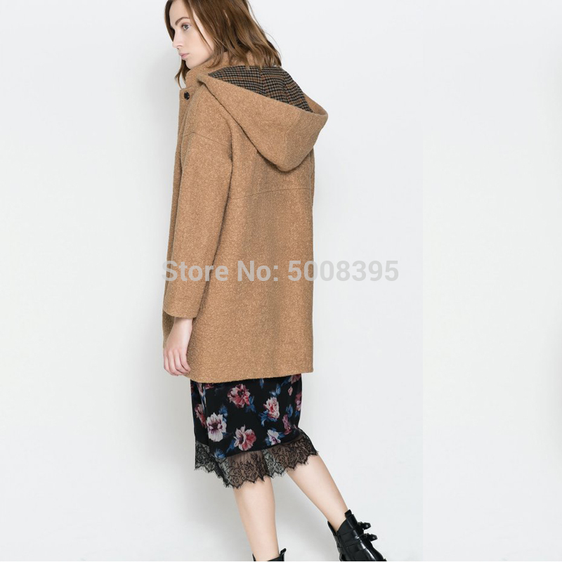 

Woman Camel Color Hooded Wool Coat Stand Collar Front Snap Buttons Sides Pockets Long Sleeves Coats Woman