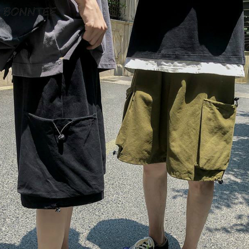 

Men Casual Shorts Solid Multi-pockets Summer Korean Fashion Leisure Loose Cargo-shorts Simple All-match Teens Breathable New BF, Black
