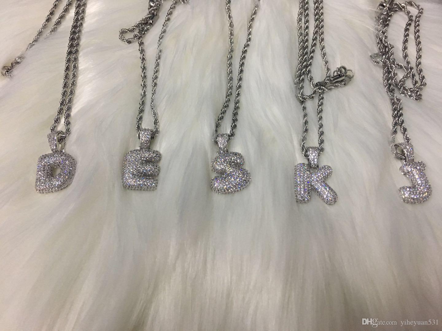 

Silver 26 Letters for Choice Bubble Letter Pendant Necklace With Micro Pave Cubic Zirconia Hip Hop Chain Necklace For Men Unisex Jewelry