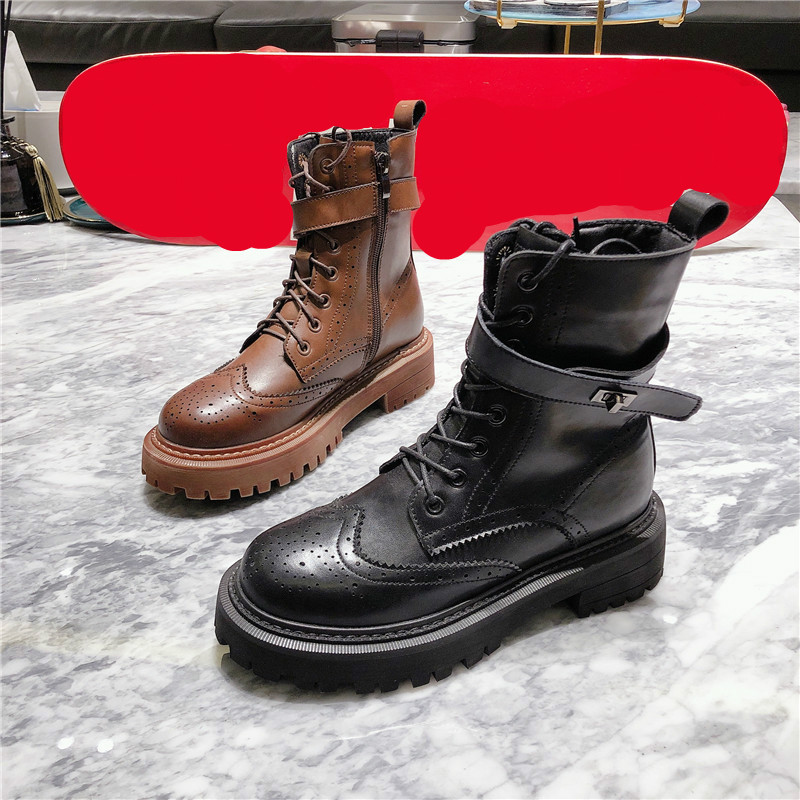 

DEAT 2020 New Spring Autumn Fashion Casual Belt Buckle Lace Up Leather Single Shoes Women Short Cool Boots SF415, Black