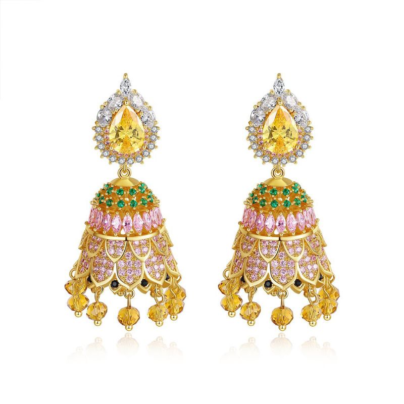 

1 Pair Retro Ethnic Zircon Bell Beads Tassel Drop Dangle Earrings Jewelry