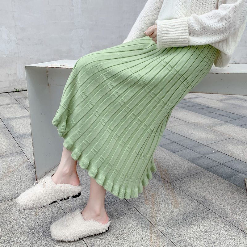 

Thick Knit Skirt Women'S Autumn And Winter Wild Mid-Length Pleated High Waist Female Skirt Fishtail Wool, Khaki