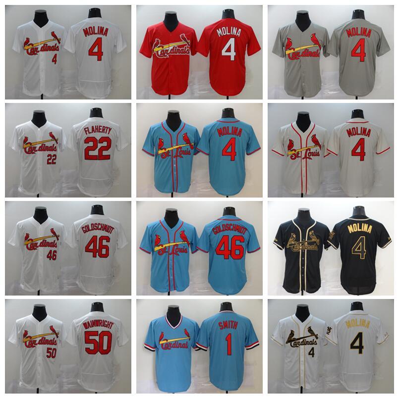 

Men 2020 Baseball 4 Yadier Molina Jersey 46 Paul Goldschmidt 1 Ozzie Smith 50 Adam Wainwright Red White Grey Blue, 1 blue