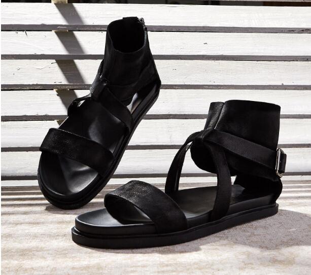 

High top Thick heel open toe Summer Sandals for men Genuine leather Leisure Ankle Gladiators, Black