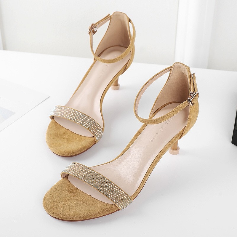 

2020 Sandalias Femeninas High Heels Autumn Kid Suede Leather Rhinestone Open Toe Sandals Sexy Female Summer Shoes Mujer H0046