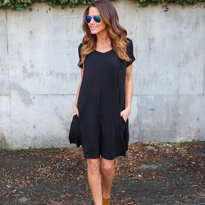 

Women Daily Casual Short Sleeve Dress Summer Female Loose V-neck Dresses With Pockets -XL Women' Clothes, Army green