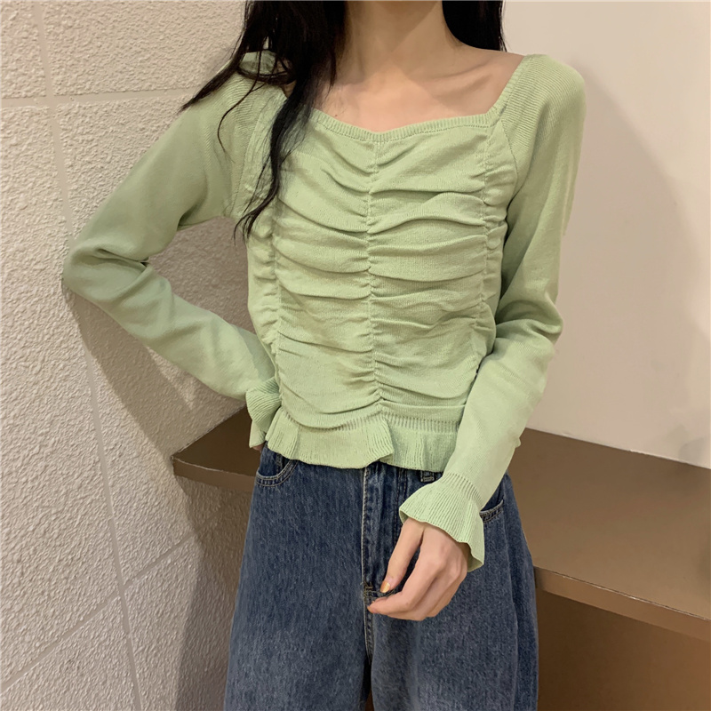 

Autumn 2020 new women's long sleeve square collar exposed collarbone ear edge short purple top, Black
