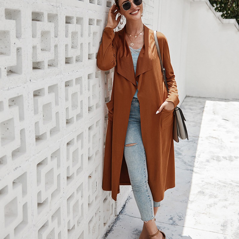 

Ladies Trench Coat Autumn Winter New Thin Lapels Solid Color Long-sleeved Cardigan Coat Women Female Ropa Mujer, Yellow