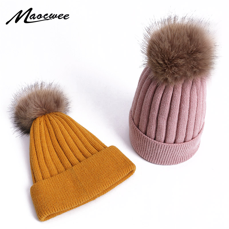 

Winter Faux Fur Pompon Hat For Women Knitted Wool Warm Beanie Hats Fashion Thick Solid Ski Caps Female Outdoor Skullies Beanies
