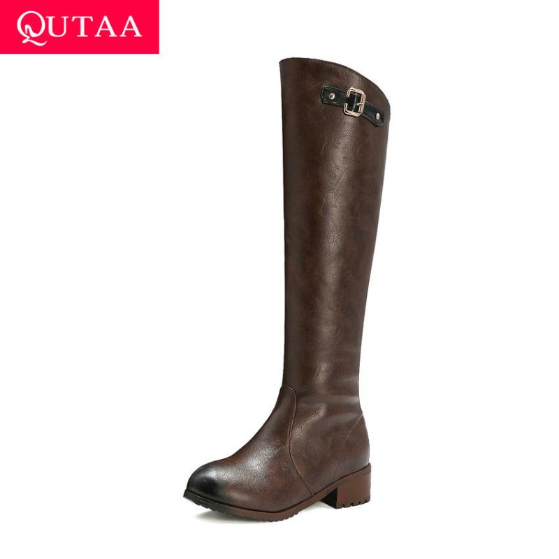 

QUTAA 2021 Casual Round Toe Knee High Women Boots Square Heels PU Leather Zipper Fashion Autumn Winter Women Shoes Big Size34-43, Black