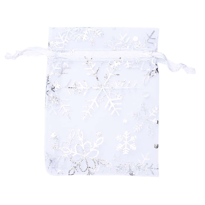 

100 PCS Organza Wedding Gift Bags Drawstring Jewelry Pouch Bags Silver White Snowflakes Printed Sheer Party Favor