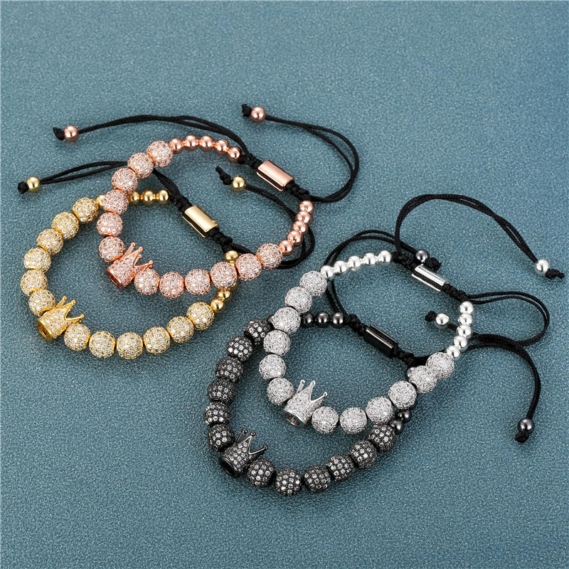 

Women Men Bracelet Jewelry Cubic Micro Pave CZ Crown Charm & 8mm Round Copper Beads Braided Macrame Bracelet pulseira feminina