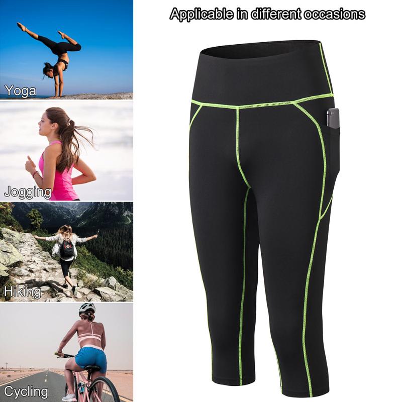 

Women Yoga Leggings Capri Pants Quick Dry High Waist Pocket Bodycon Workout Gym Fitness Sport Trousers scrunch bum leggings, Blue