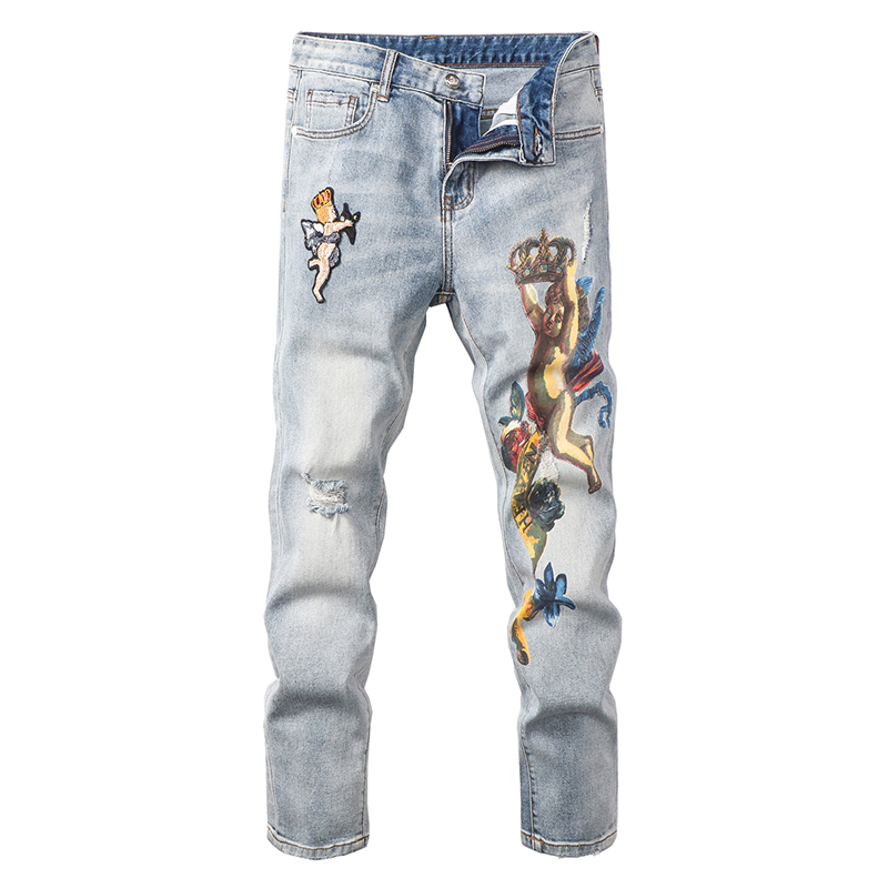 

Sokotoo Men's angel crown printed embroidery jeans Fashion light blue slim fit stretch denim pants