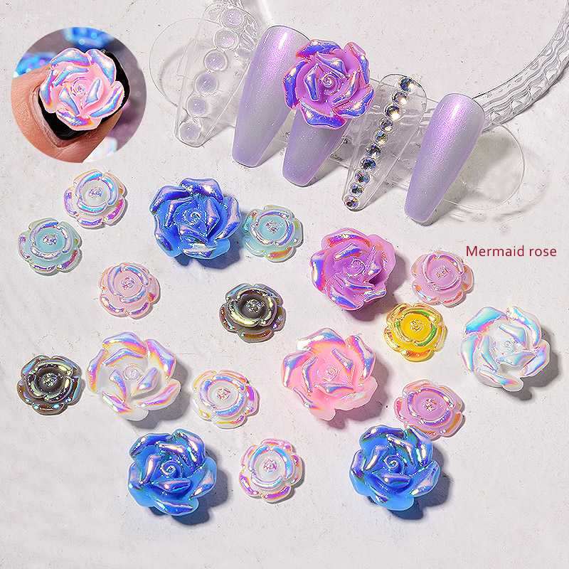 

8pcs Mix Colorful Mermaid Rose Designs Nail Art Decorations 3D Resin Rose Flower Nail Jewelry DIY Embossed Manicure Accessories
