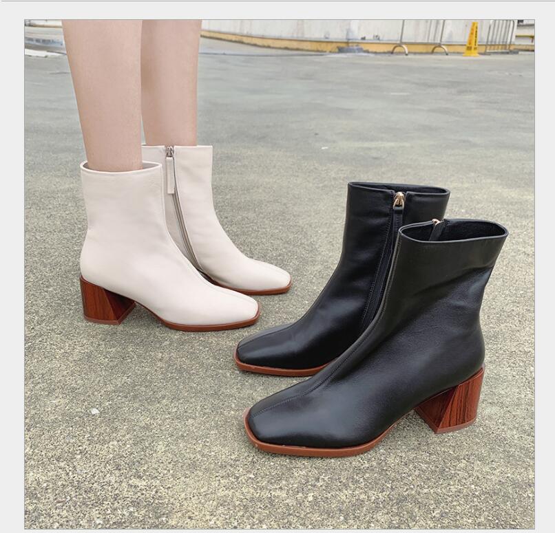 

Autumn winter women's boots fashion Women's shoes with square toe, boots, elegant thick heels, zipper heels, boots, Beige
