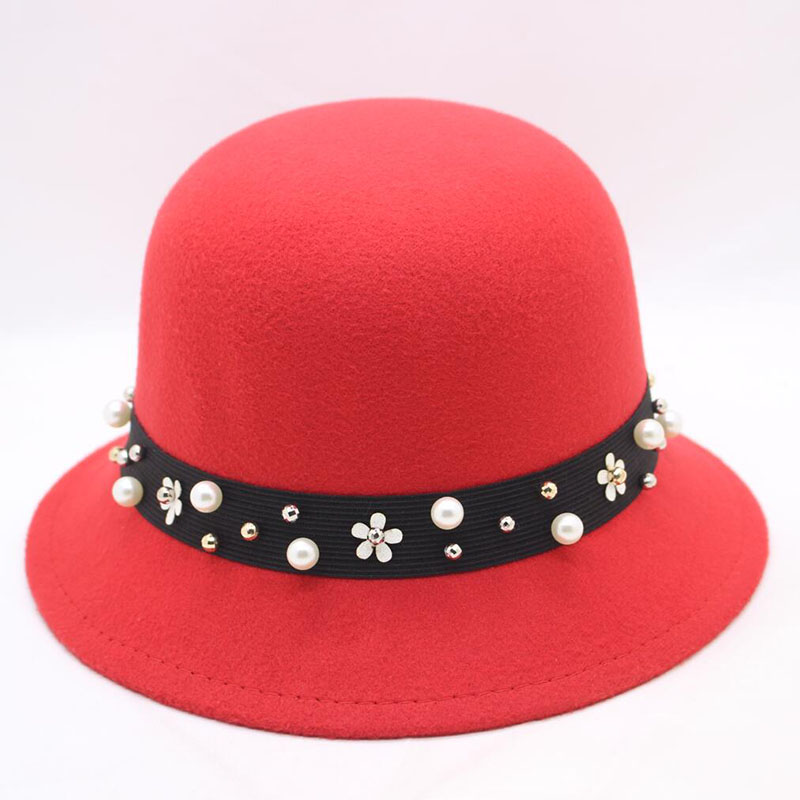 

BINGYUANHAOXUAN Women Solid Felt Woolen Hats Black Red Hats Vintage Western Bucket for Women Female Bowler with Straps