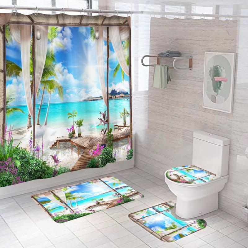 

4pcs Modern Toilet Lid Cover Home Rugs Natural Landscape Scenery Polyester Bathroom Decor Shower Curtain Set Washable Floor Mat