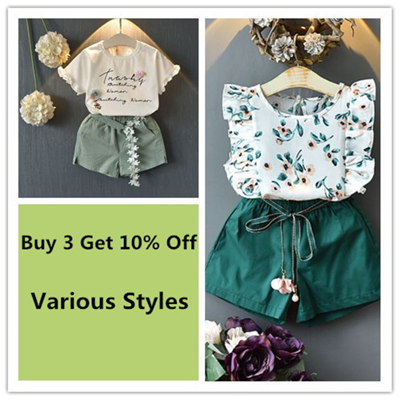 

2 Pcs Clothing Set Children Girl Summer Outfit Floral Tee +Bowknot Shorts Outwear For 2-7 Year Baby Girl Soft T Shirt Pants Suit, 36