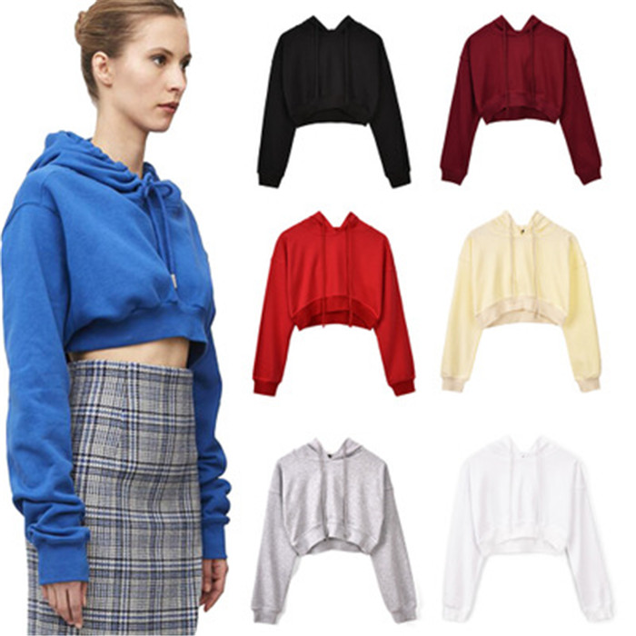 

2020 autumn and winter Europe and the United States sexy solid color leaking navel short hooded top with navel hood multicolor sweater women, Kg-1