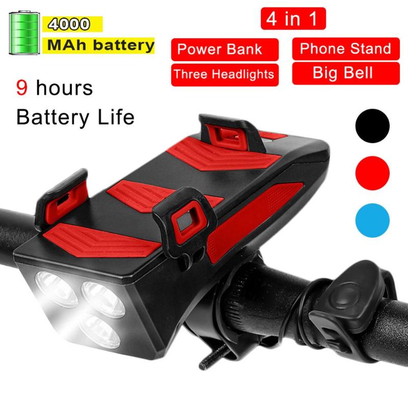 

4in1 Bicycle Mobile Phone USB Charging Treasure Rack Holder Headlight Speaker Bike Phone Support Bracket Alarm Bell Front Light