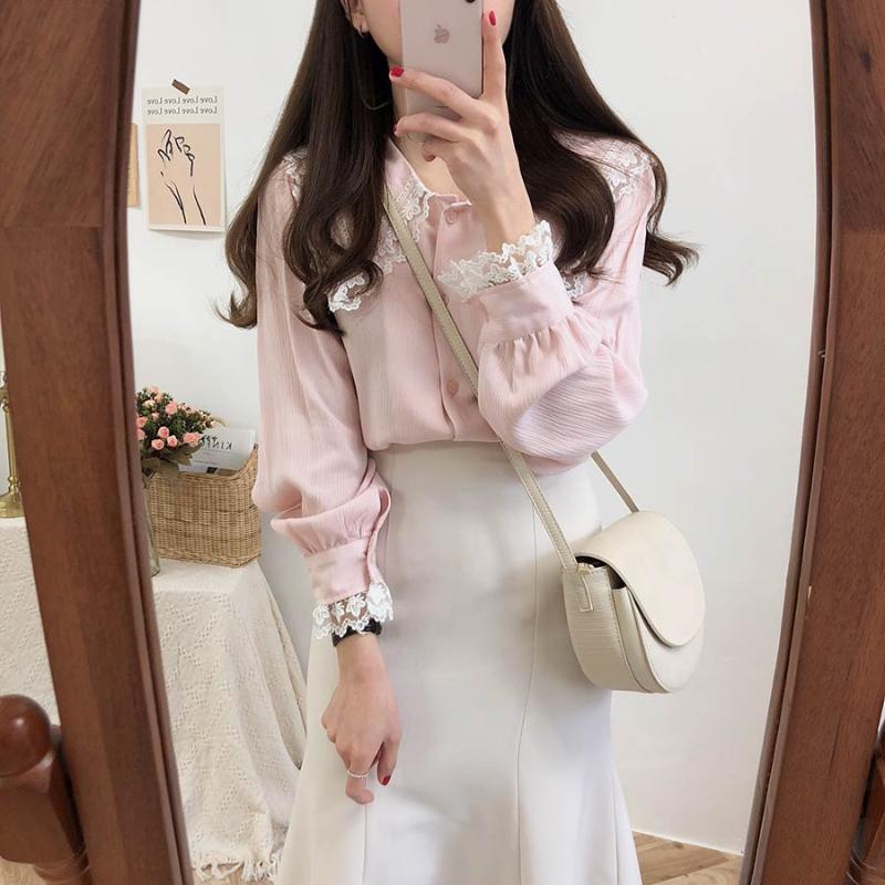 

Women Blouse Chiffon Shirt Ladies Party Top Streetwear Blusas Femininas Elegante New White Pink Lace Girls Fashion Long Sleeve