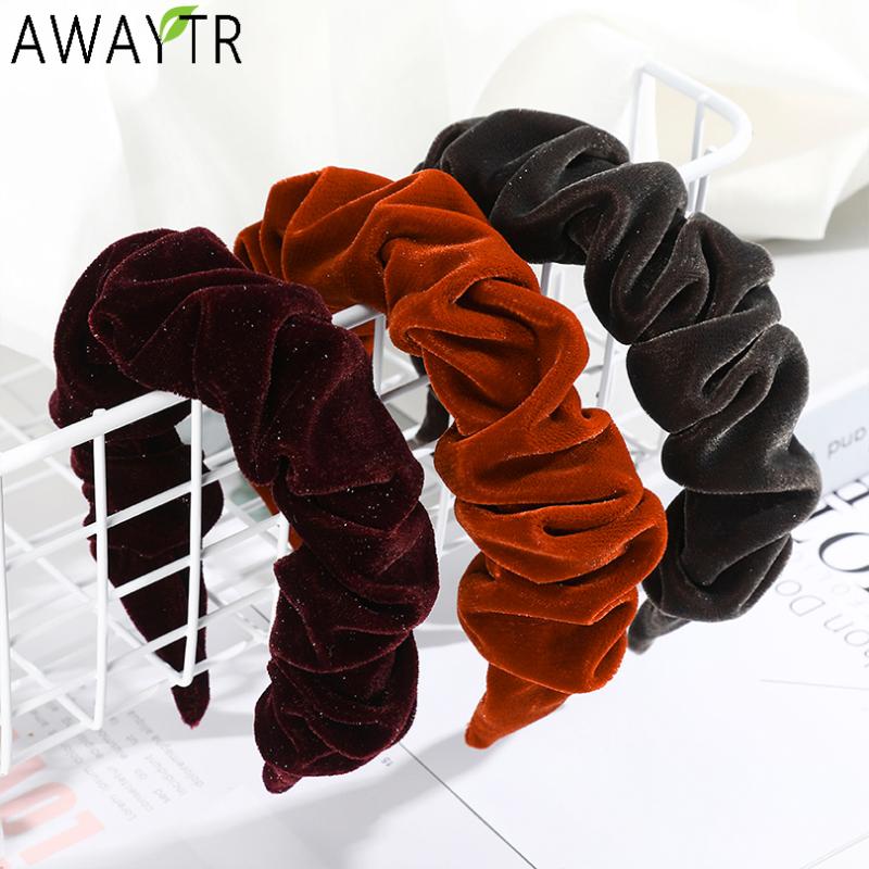 

AWAYTR Pleated Headband Wide Velvet Shiny Hairbands Solid Hair Hoop Fashion Bow Hair Bands Head Bezel Headdress Accessories