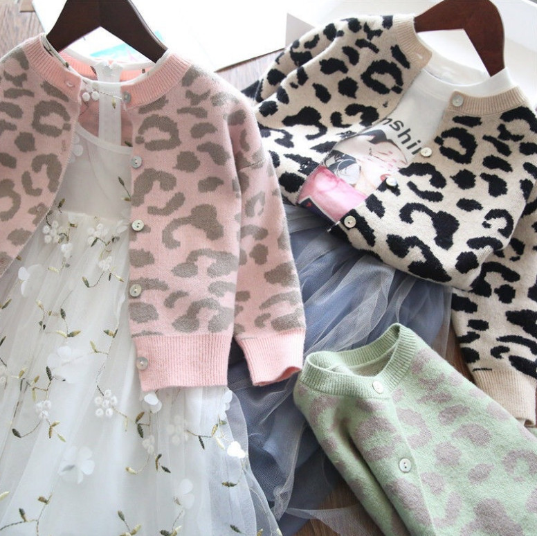 

INS Kids leopard jacquard cardigans kid round collar long sleeve outwear girls knitted sweater cardigan A4118, Green