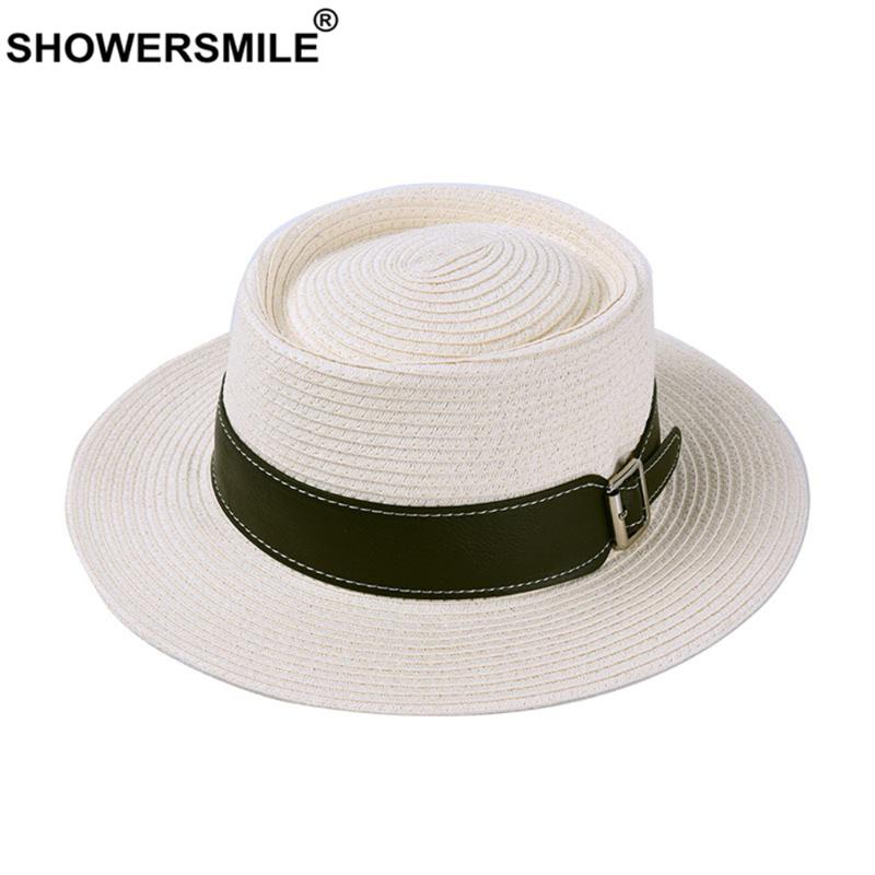 

SHOWERSMILE Women Men Sun Hat British Style Panama Straw Hat Black White Jazz Summer Travel Beach Flat Brim Cap