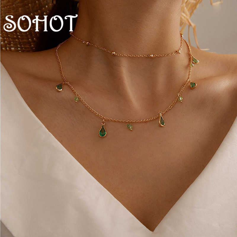

SOHOT European Double Layer Imitation Crystal Tassel Green Water Drop Pendant Women Choker Necklace Chic Round Clavicle Chain