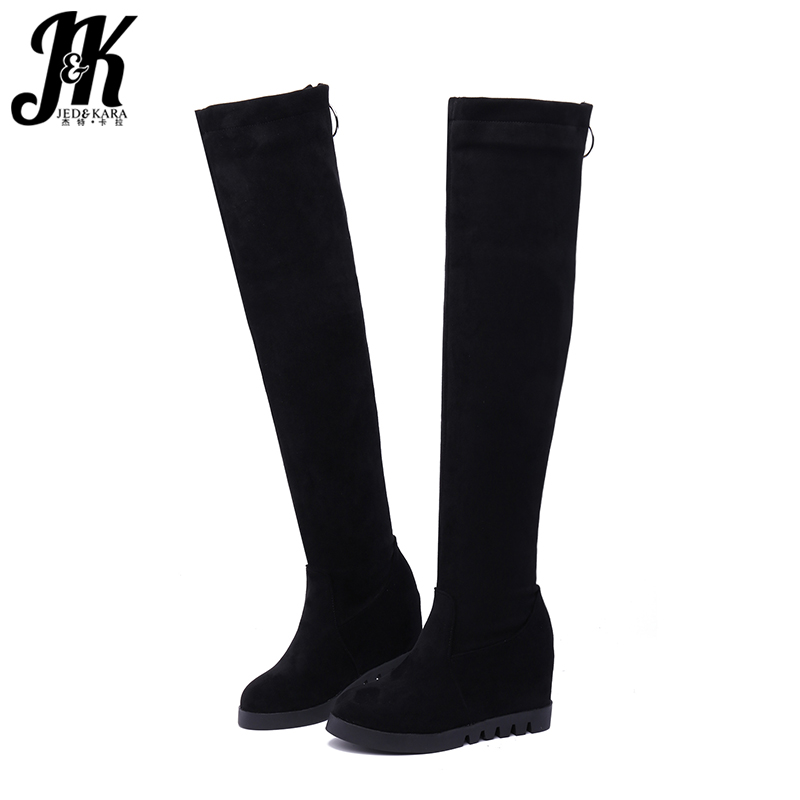 

JK Insert Boots Women Stretch Flock Platform Boot Ladies Round Toe High Heels Shoes Zip Over The Knee Shoes Female Winter 2020, Black short plush