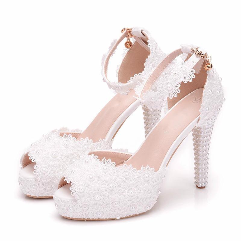 

Women Sexy Flower Fish Mouth Platform Sandals Womens Thin Heels Peep Toe Shoes Woman White Lace Wedding Shoes Large Size