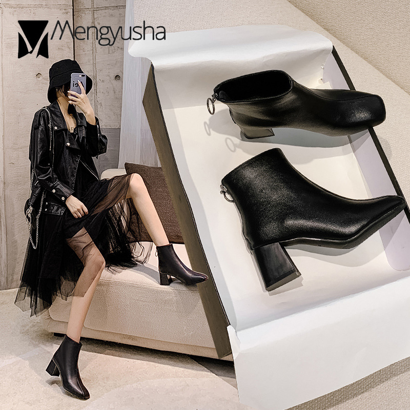 

Women Zipper riding boots microfiber leather shoes plush winter boots women square toe chunky high heels ankle botas mujer 2020, Black plush