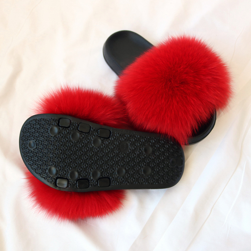 

Real Fur Fluffy Slippers Ladies Fur Slides Real Slides Pure Colors Slippers Sweet Plush Ladies Shoes Sandals, As pic show