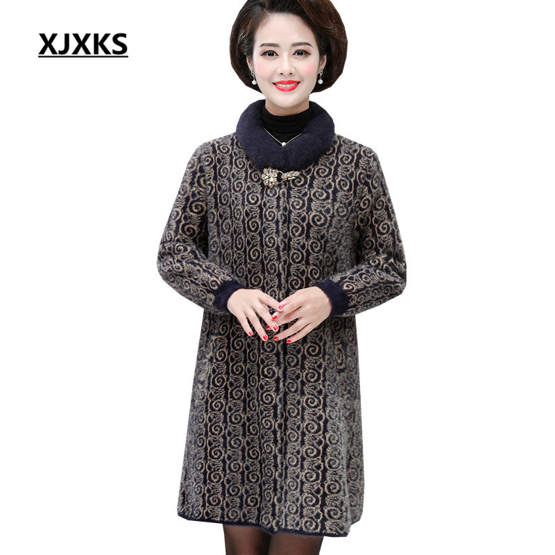 

XJXKS 2020 winter new loose plus size women woolen coat high quality comfortable casual mink cashmere women long coat, Black