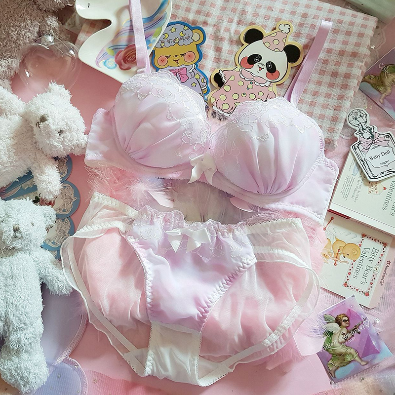 

Loita Pink Purple Push Up Underwire Underwear Set Japanese Embroidery Teen Girl Princess Sexy Women Kawaii Bow Bra & Panties Set, Lavender