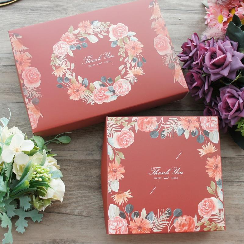 

2 Size Choose 5pcs Red Flower Design Cookie Mooncake Gift Paper Box Bag Macaron Chocolate Sweet Candy Use Pack Boxes