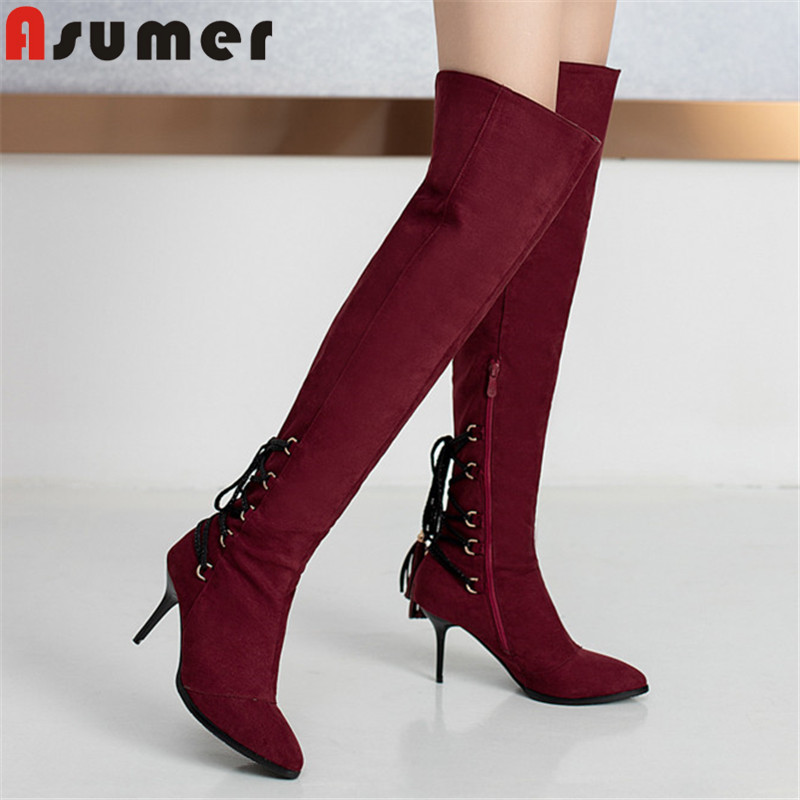 

ASUMER 2020 newest over the knee boots women flock pointed toe cross tied zip sexy thin high heel boots ladies party shoes, Black