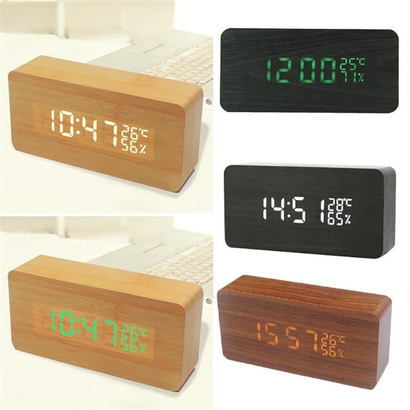 

LED Square Bedside Small Alarm Clock Innovative Gift Wooden Clock Voice Control LED Electric Mini Square Alarm