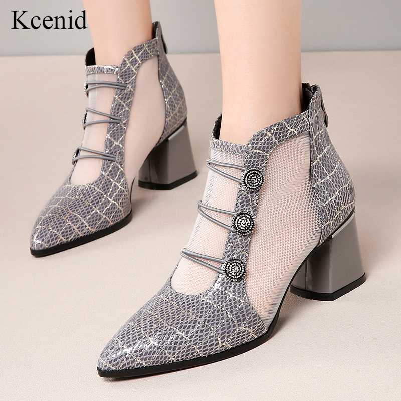 

Kcenid Genuine leather breathable mesh ankle boots women new elegant black chunky boots fashion button pointed toe shoes summer