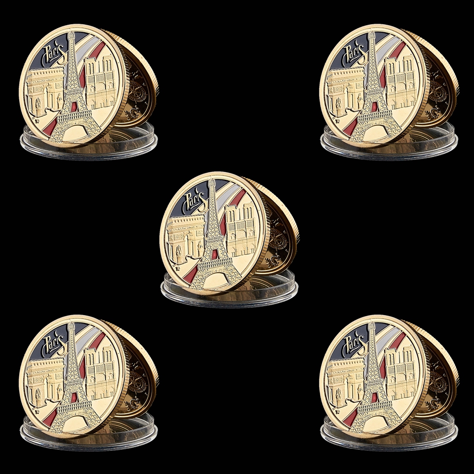 5pcs 1889 France Paris Landmark Tower triumphal Arch Craft 100th Anniversary Gold Plated Challenge Coin-image-573153614