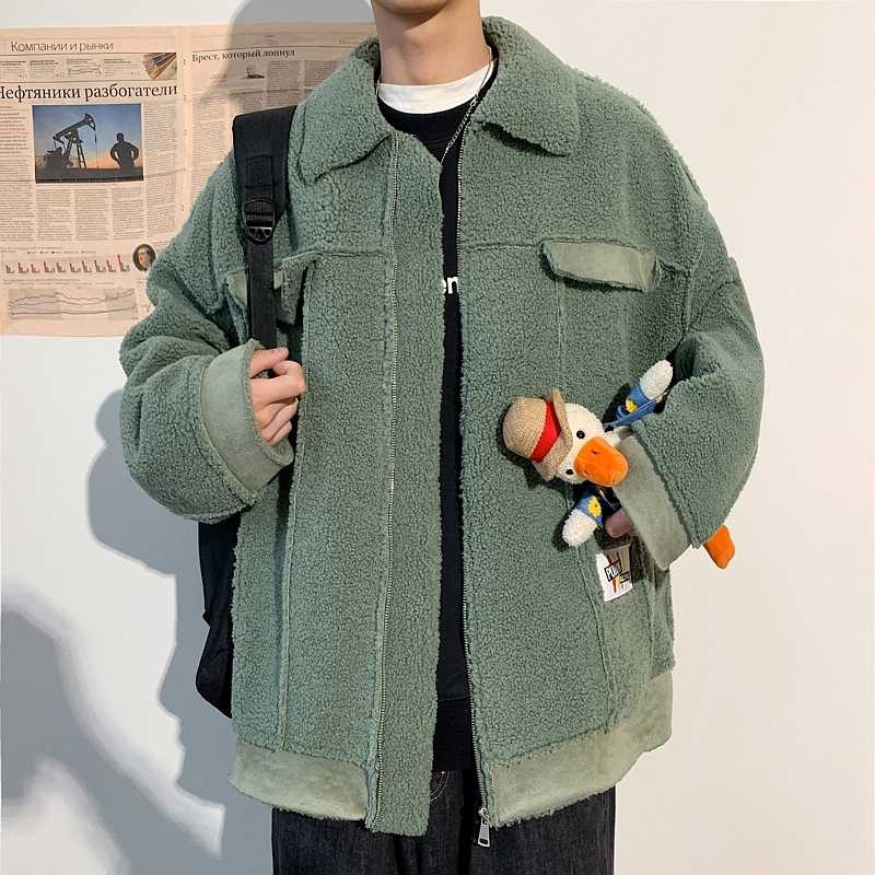 

Winter New Lamb Hair Jacket Men's Warm Fashion Parka Men Solid Color Casual Lapel Coat Man Streetwear Wild Loose Cotton Jacket, Blue