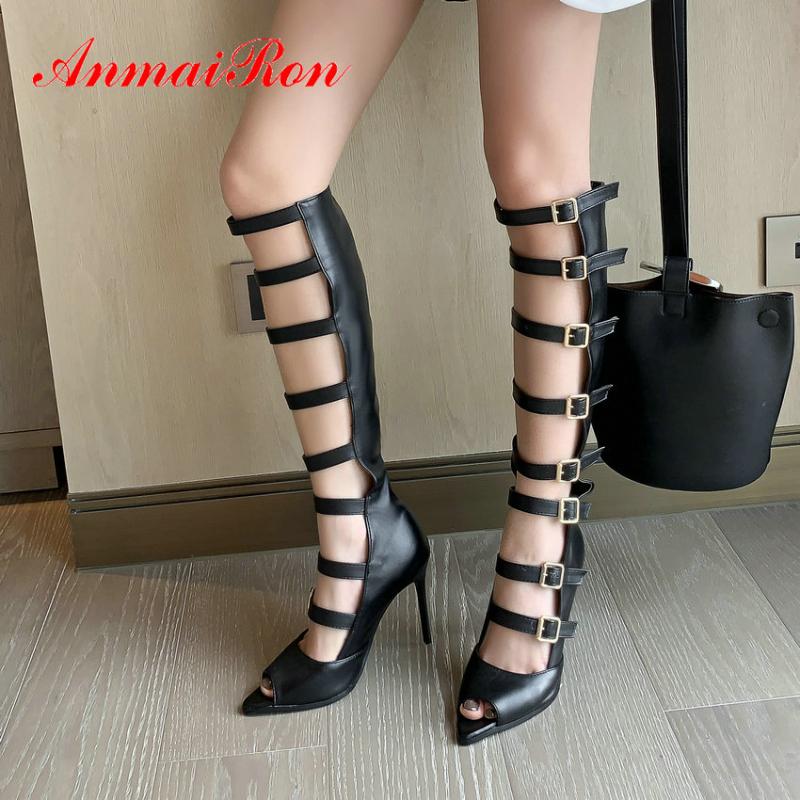 

ANMAIRON 2020 Summer Women Boots Basic Zip Sexy Knee Elegant Peep Toe Thin Heels High Boots Solid Buckle Shoes Woman Size 34-43, Black