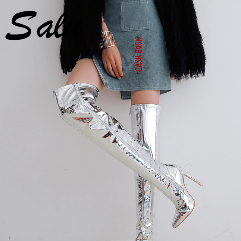 

Salu 2020 Plus Size 33-48 Brand New Pointed Toe Women Shoes Sexy Thin High Heel Party Shoes Woman Winter Over The Knee Boots, Silver