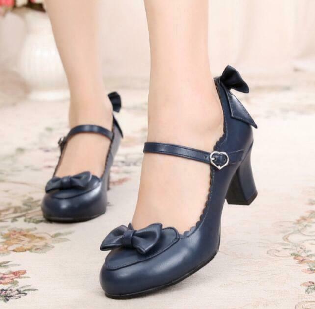 

Japanese Lolita Student Cute Bow Jk High Heels Women's Shoes Cosplay Girls Pumps, Black