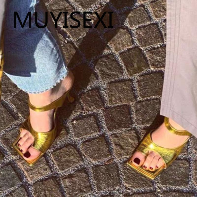 

Women sandals brand design genuine leather flip-flop 8cm super high heel solid mature square toe slip on gold red WMN25 MUYISEXI, Black