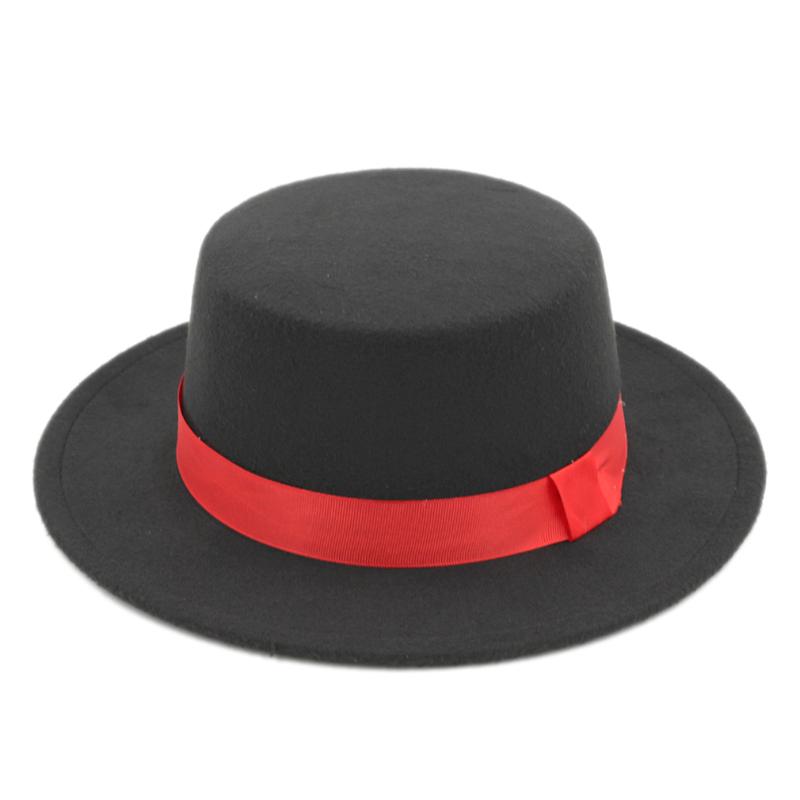 

Mistdawn Classic Sailor Boater Hat Pork Pie Hat Flat Brim Top Cap Red Ribbon for Women and Men Size 56-58cm, Black