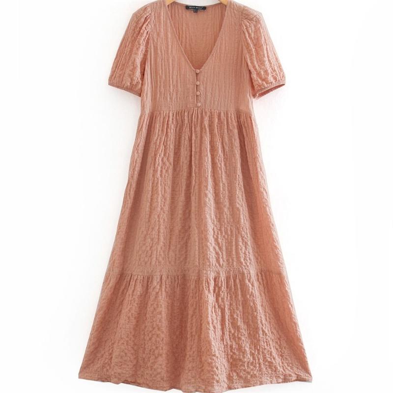 

2020 summer women's new v-neck short-sleeved pleated slim slimming ruffled mid-length dress, Pink